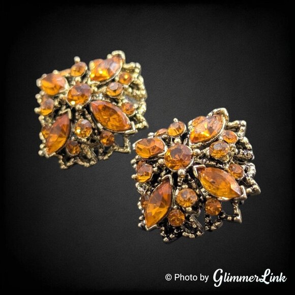 Vintage Floral Autumnal Orange Rhinestones Dome Gold Tone Clip On Earrings - Picture 3 of 9